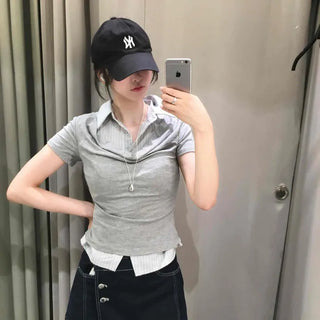 Button Stripe Layered Slim Fit Short Sleeve T-shirt
