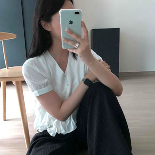 Regular Fit Plain Shirred Frill Short Sleeve Blouse