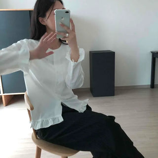 Loose Fit Plain Frill Long Sleeve Daily Blouse