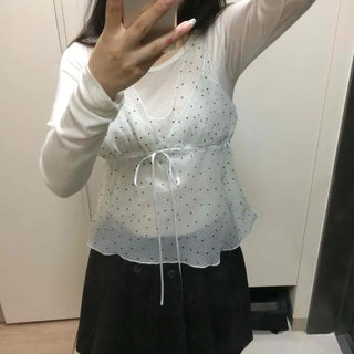 Frill Dot Strap See-through Sleeveless Blouse