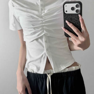 Shirred Layered Button Short Sleeve T-shirt