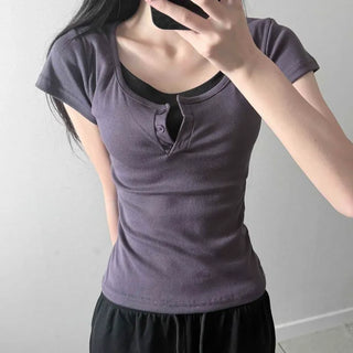 Nio Layered Button Plain Short Sleeve T-shirt