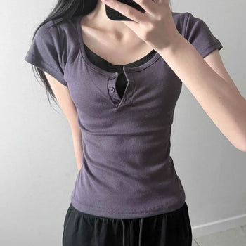 Nio Layered Button Plain Short Sleeve T-shirt
