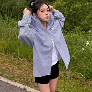 Hooded Button Stripe Button-Down Oversized Long Sleeve Shirt