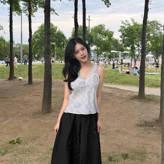 Shirred Ribbon Striped Strap Sleeveless Blouse