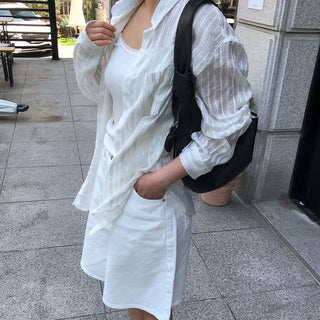 Herno Women's Summer Long Sleeve Salanta Stripe Rainy Season Daily Loose Fit Shirt