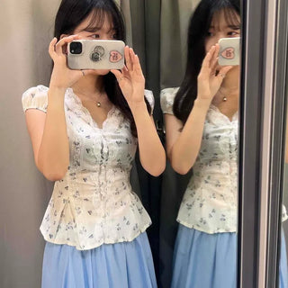 Shirred Ribbon Flower Wrap Short Sleeve Blouse