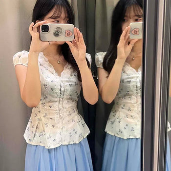 Shirred Ribbon Flower Wrap Short Sleeve Blouse