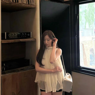Shirred Ribbon Layered A-Line Sleeveless Blouse