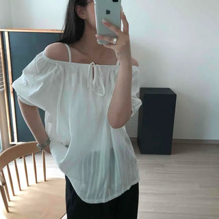 Loose-fit Plain Shirred Ribbon Short-sleeved A-line Blouse