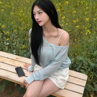 Off-shoulder Loose Fit Plain Daily Long Sleeve