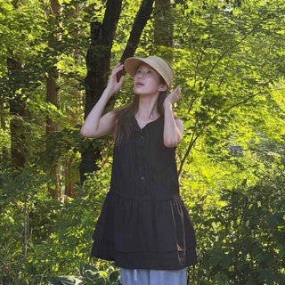 Pintuck Button Tiered Sleeveless Loose Fit Mini Dress