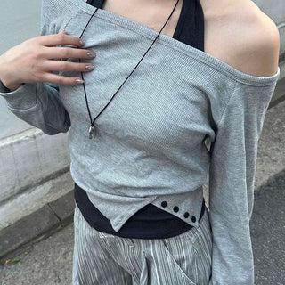 Button Contrast Layered Loose Fit Raglan Sweatshirt