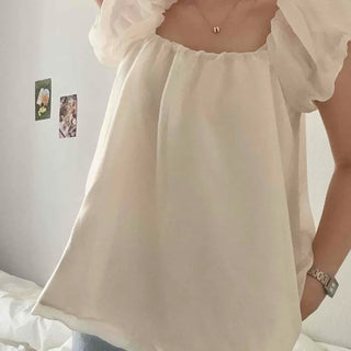 Shirred Plain A-line Short Sleeve Loose Fit Blouse