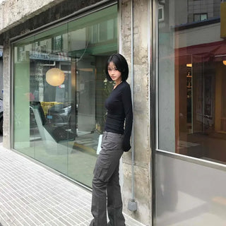 Regular Fit Cargo Pocket Zipper Straight Daily Long Pants