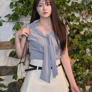 Ribbon Regular Fit Plain Cap Sleeve Daily Blouse