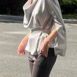 Ribbon Zipper Wrap Loose Fit Plain Long Sleeve Blouse