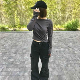 Washed Cargo Pocket Flare Loose Fit Long Pants