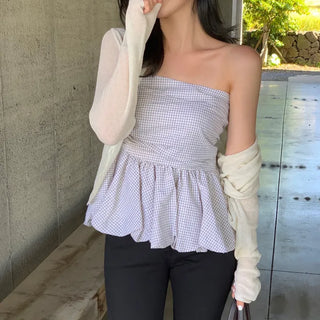 Malt Check Frill Smoked Top Blouse