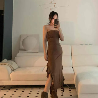 Shirred Frill Slit Slim Fit Mermaid Sleeveless Long Dress
