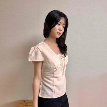 Ribbon Strap Fitted Plain Short Sleeve Blouse