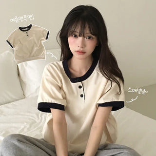 Contrast Color Detail, Buttering Henley Neck Contrast Raglan Button Avant-garde Loose Fit Sweatshirt Short Sleeve T-shirt