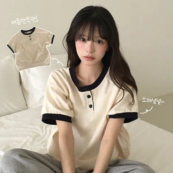 Contrast Color Detail, Buttering Henley Neck Contrast Raglan Button Avant-garde Loose Fit Sweatshirt Short Sleeve T-shirt