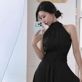 Rimère Halter Neck Shirred Flare Long Dress