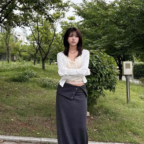 Relaxed Fit Button Wrap Straight H-Line Long Skirt