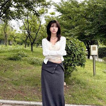 Short Striped Button-Punched Long-Sleeve Cardigan