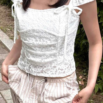 Fitted Flower Ribbon Shirred Strap Short Sleeve T-shirt
