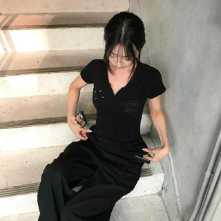 *Body Correction* Cross Eyelet Collar Short Sleeve T-shirt