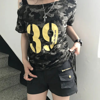 Jennie Y2K Hip Girl Vintage Camo One-Shoulder Top