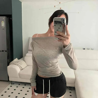 Ruyu Shirred Slim Fit Plain Daily Long Sleeve T-shirt