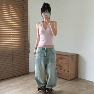 Vintage washed wide denim pants
