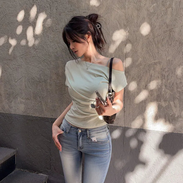 Feliti One-Shoulder Pintuck Short Sleeve T-Shirt [Modal 38%]