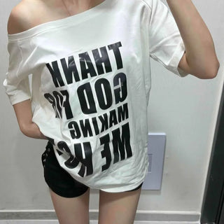 Oversized Lettering Off-Shoulder Short-Sleeve T-Shirt