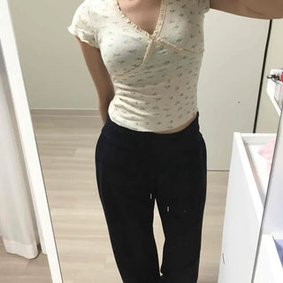 Slim Fit Flower Button Fitted Short Sleeve T-shirt