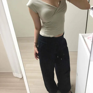 Loose Fit String Zipper Wide Daily Long Pants