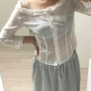 Frill Button Plain Long Sleeve Daily Blouse