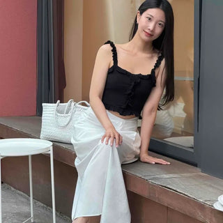 Slim Fit Plain Button Frill Sleeveless