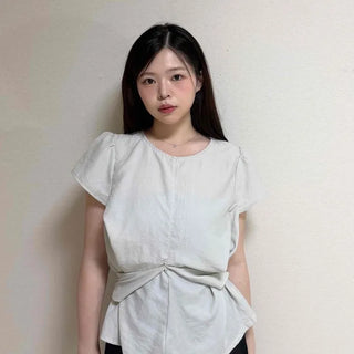 Ribbon Plain Loose Fit Short Sleeve Blouse