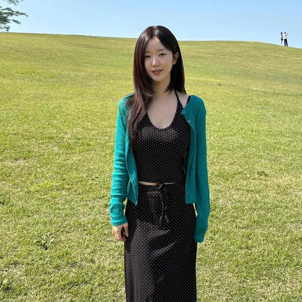O2 Dot Elastic Waist Maxi Long Skirt