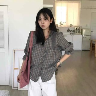 Frill Shirred Check Button-Down Long Sleeve Blouse