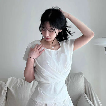 Button Wrap Loose Fit Plain Short Sleeve Blouse