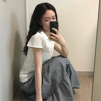 Loose-fit Gingham Check Shirred Frill Tiered A-line Long Skirt