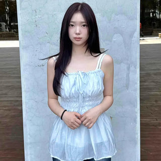 Shirred Ribbon Strap A-Line Sleeveless Blouse