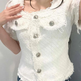 Frill Button Flap Pocket Plain Short Sleeve Slim Fit Jacket