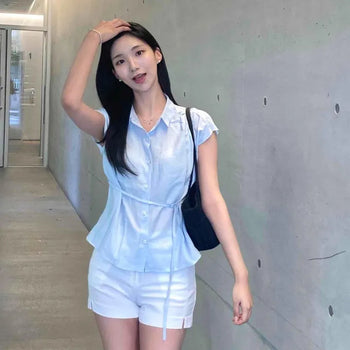 Button-Down Loose Fit Plain Short Sleeve Blouse with Button String