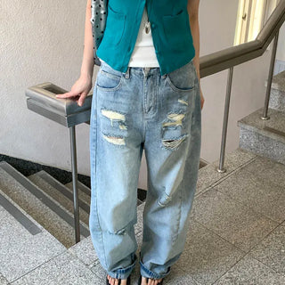 Light Wash Damaged Denim Pants 1 Color